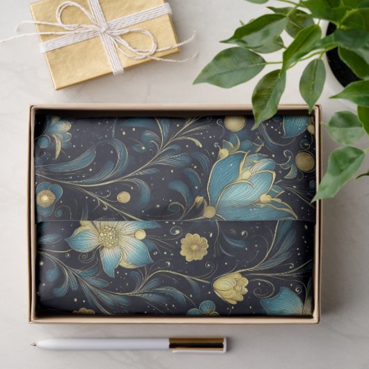 Elegante Blauw & Goud Bloemen Kerst Decoupage Tissuepapier (Geschenk)