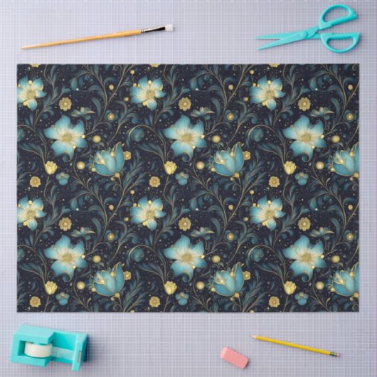 Elegante Blauw & Goud Bloemen Kerst Decoupage Tissuepapier (Craft)