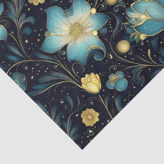 Elegante Blauw & Goud Bloemen Kerst Decoupage Tissuepapier (Detail)