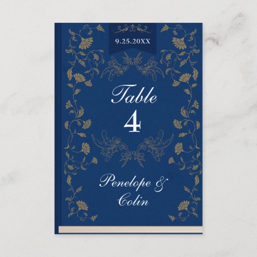 Elegante Blauw Goud Boek Hoesje Trouwtafel Nummer Informatiekaartje (Achterkant)