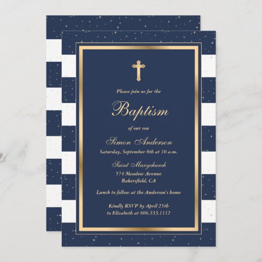 Elegante Blauw Goud doop Kaart (Voorkant / Achterkant)