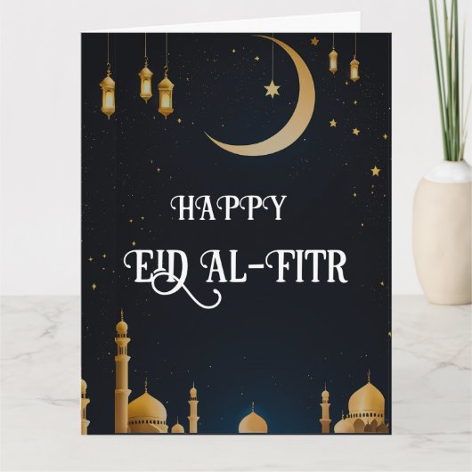 Elegante Blauw & Goud Eid Al-Fitr halve maan Kaart (Voorkant)