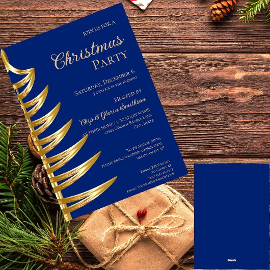 Elegante Blauw & Goud Kerstfeest uitnodiging