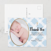 Elegante Blauw Goud Kruis Doop Foto Dank u Briefkaart (Voorkant / Achterkant)