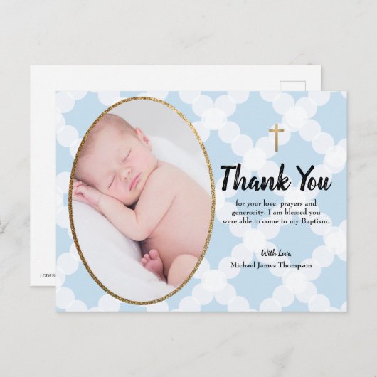Elegante Blauw Goud Kruis Doop Foto Dank u Briefkaart (Voorkant / Achterkant)