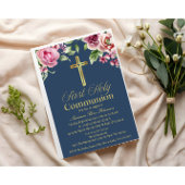 Elegante Blauw Goud Kruis Eerste Communie Meisje/J Kaart
