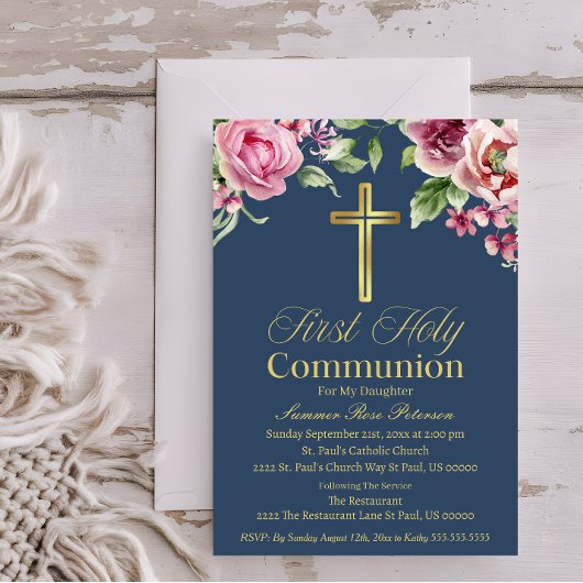 Elegante Blauw Goud Kruis Eerste Communie Meisje/J Kaart