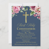 Elegante Blauw Goud Kruis Eerste Communie Meisje/J Kaart (Voorkant)