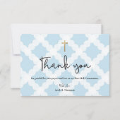 Elegante Blauw Goud Kruis Jongen Eerste Communie Bedankkaart (Voorkant)