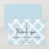 Elegante Blauw Goud Kruis Jongen Eerste Communie Bedankkaart (Voorkant / Achterkant)
