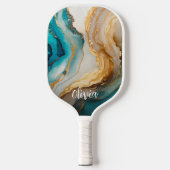 Elegante blauw goud marmer gepersonaliseerde naam pickleball paddle (Voorkant)