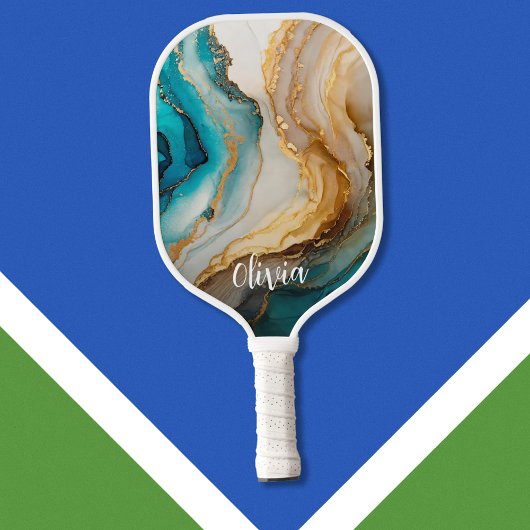 Elegante blauw goud marmer gepersonaliseerde naam pickleball paddle