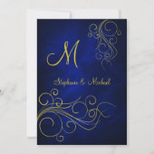 Elegante Blauw Goud Monogram Huwelijksuitnodiging Kaart (Voorkant)