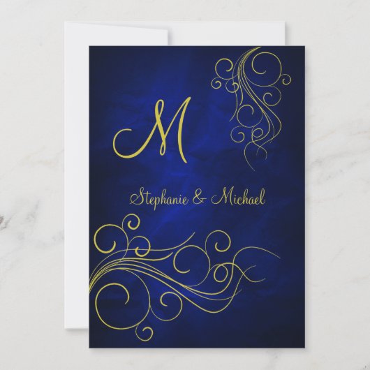 Elegante Blauw Goud Monogram Huwelijksuitnodiging Kaart (Voorkant)