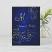 Elegante Blauw Goud Monogram Huwelijksuitnodiging Kaart (Staand voorkant)