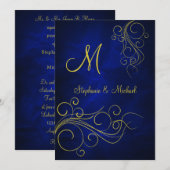 Elegante Blauw Goud Monogram Huwelijksuitnodiging Kaart (Voorkant / Achterkant)