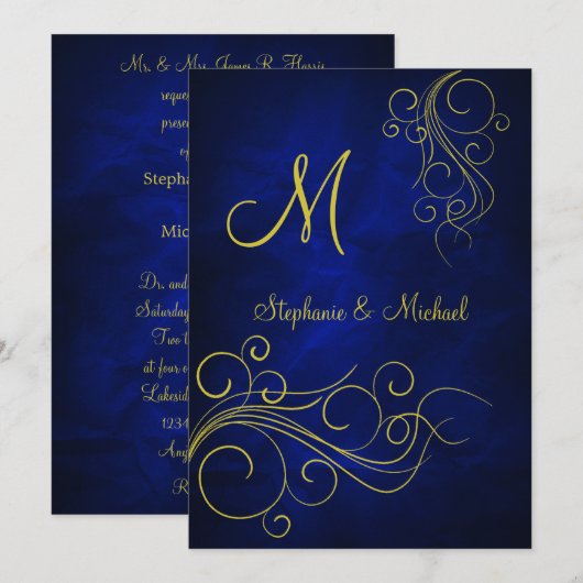 Elegante Blauw Goud Monogram Huwelijksuitnodiging Kaart (Voorkant / Achterkant)