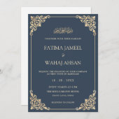 Elegante Blauw Goud Script Moslim bruiloft Kaart (Voorkant / Achterkant)