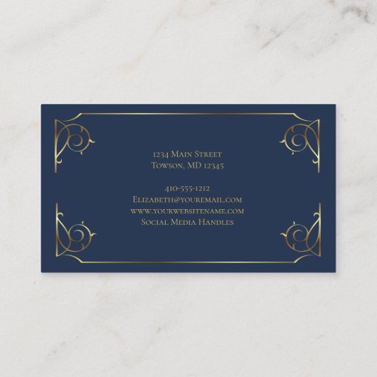 Elegante Blauw Goud Scroll Minimal Visitekaartje (Achterkant)