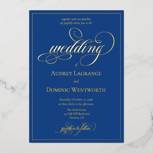 Elegante Blauw Goud Trouwschrift Kalligrafie Folie Uitnodiging (Voorkant)
