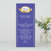 Elegante Blauw & Goud Trouwtafel Menu (Staand voorkant)