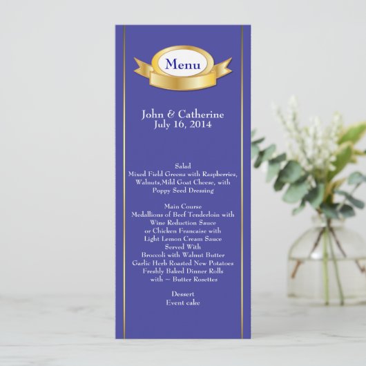 Elegante Blauw & Goud Trouwtafel Menu (Staand voorkant)
