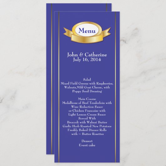 Elegante Blauw & Goud Trouwtafel Menu (Voorkant / Achterkant)