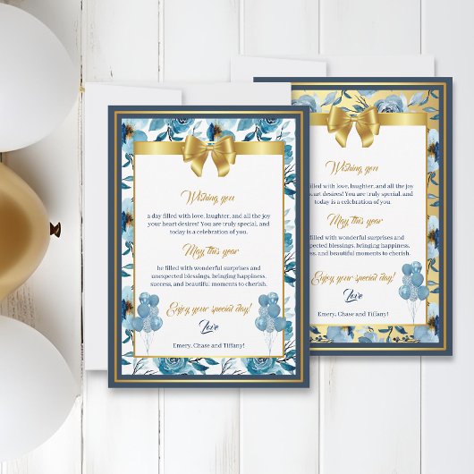 Elegante Blauw Goud Waterverf Bloemen Verjaardag K