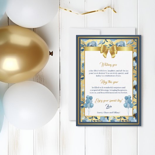 Elegante Blauw Goud Waterverf Bloemen Verjaardag K