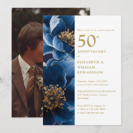Elegante Blauw Gouden Bloem 50e Jubileum Foto Kaart