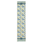 Elegante Blauw Gouden Bloemen en Streep Monogram Korte Tafelloper (Voorkant)