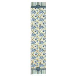 Elegante Blauw Gouden Bloemen en Streep Monogram Korte Tafelloper