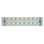 Elegante Blauw Gouden Bloemen en Streep Monogram Korte Tafelloper (Horizontaal)