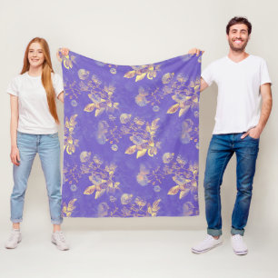 Elegante  Blauw Gouden Bloemen Illustratie Fleece Deken
