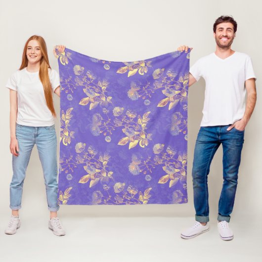 Elegante  Blauw Gouden Bloemen Illustratie Fleece Deken (In situ)