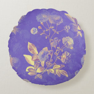 Elegante  Blauw Gouden Bloemen Illustratie Rond Kussen