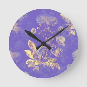 Elegante  Blauw Gouden Bloemen Illustratie Ronde Klok