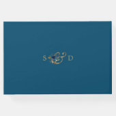 Elegante Blauw Gouden Bloemen Monogram Huwelijk Gastenboek (Achterkant)