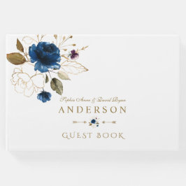 Elegante Blauw Gouden Bloemen Monogram Huwelijk Gastenboek