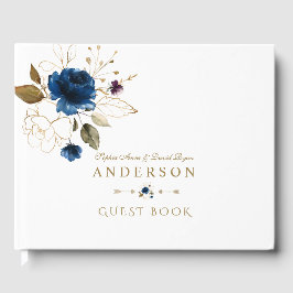Elegante Blauw Gouden Bloemen Monogram Huwelijk Gastenboek