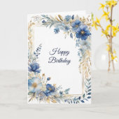 Elegante Blauw Gouden Bloemen Verjaardag Kaart (Gele Bloem)