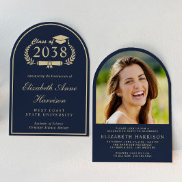 Elegante Blauw Gouden Boog Foto Afstudeerfeest Kaart