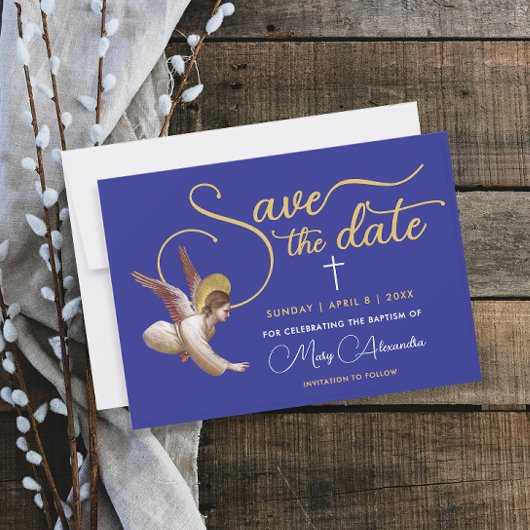 Elegante Blauw Gouden Engel Zegen Doop Doop Doop Save The Date