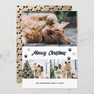 Elegante Blauw Gouden Foto Meowy Christmas Kaart