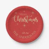 Elegante Blauw Gouden Sterren Naam Vrolijk Kerstfe Papieren Bordje (Voorkant)