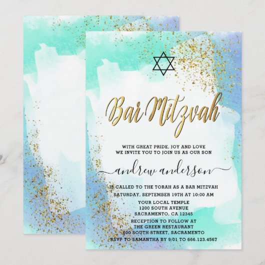 Elegante blauw-gouden Waterverf bar mitswa Kaart (Voorkant / Achterkant)