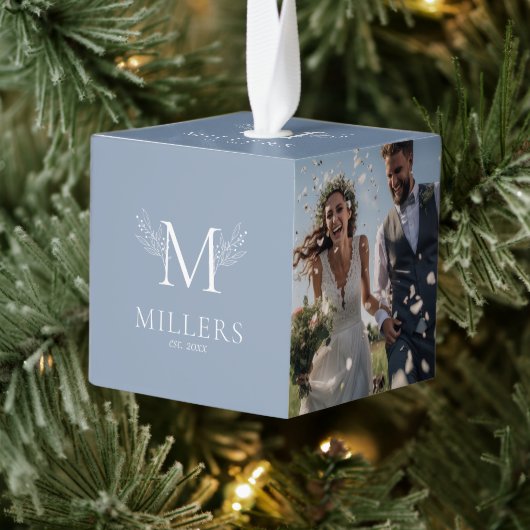 Elegante blauw-grijze drie huwelijksfoto, monogram decoratie (Boom)