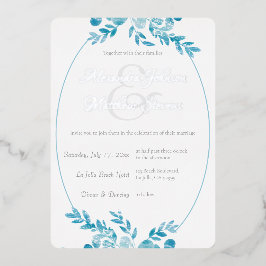 Elegante blauw-grijze foto zilveren bloemen bruilo folie uitnodiging