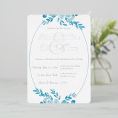 Elegante blauw-grijze foto zilveren bloemen bruilo folie uitnodiging (Staand Voorkant)