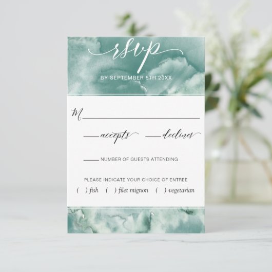Elegante blauw/groene Waterverf met maaltijdopties RSVP Kaartje (Staand voorkant)